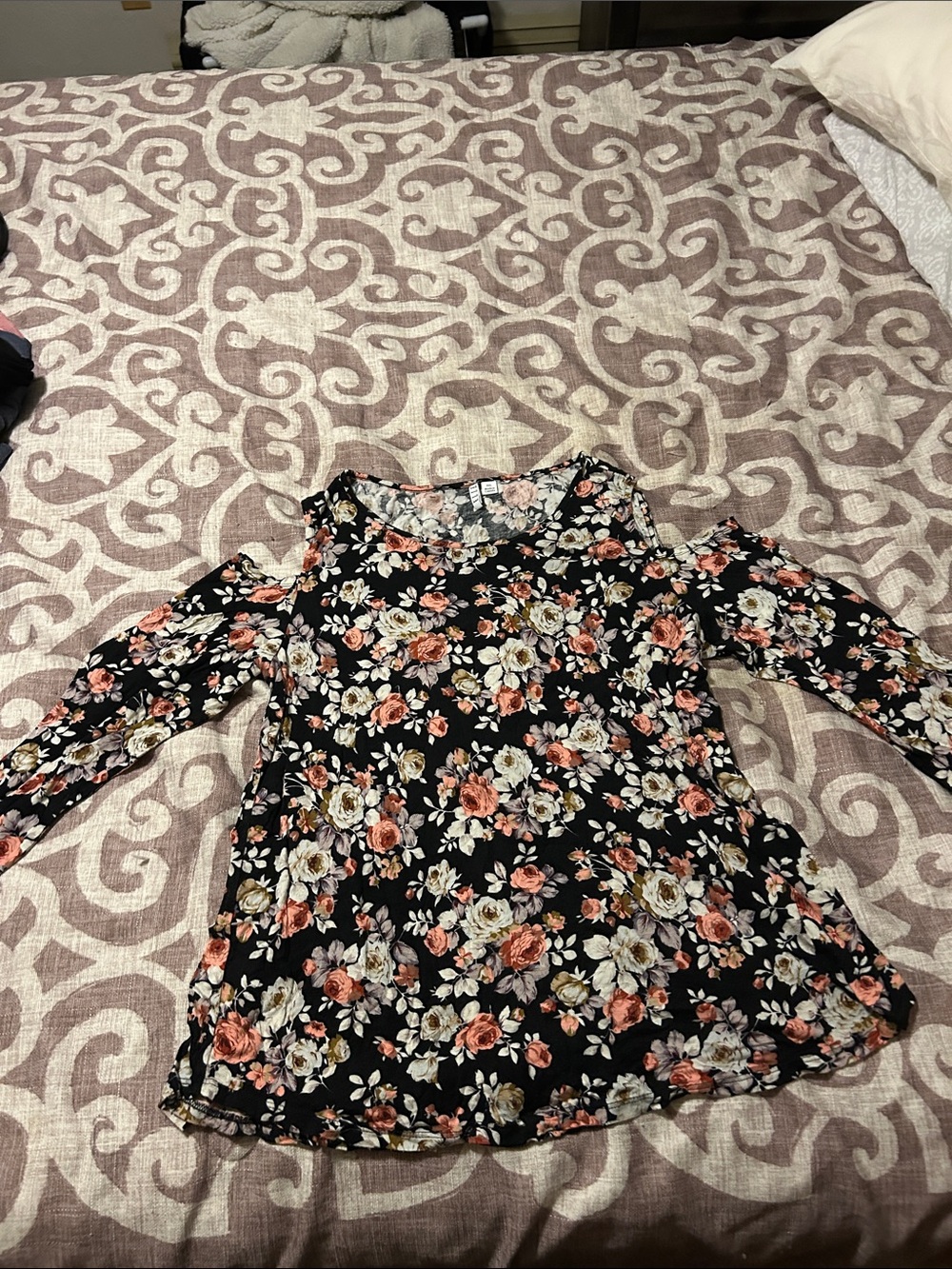 Elle Black Floral Cold-Shoulder Blouse with Pink and Cream Blooms